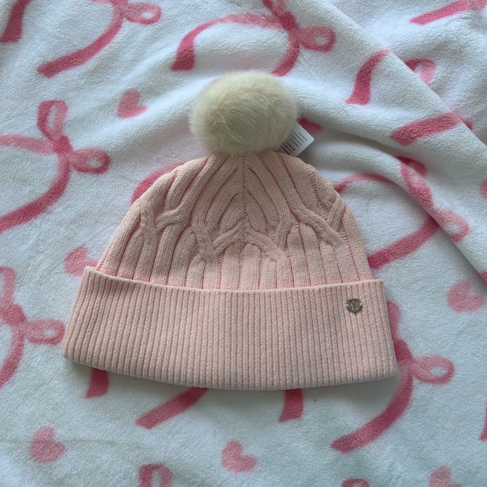 lululemon - strawberry milkshake pink pom pom cable knit beanie